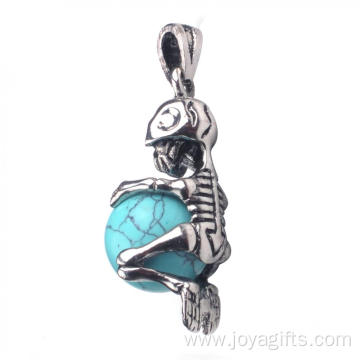 Natural Turquoise Ball Silver Alloy Skull Pendant